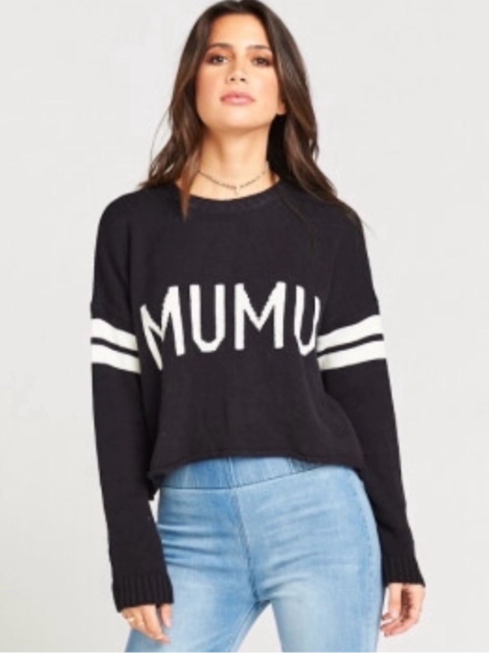 Show Me Your MuMu Black Crewneck Cropped Varsity Sweater with White Logo Stripes